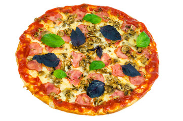 Tasty pizza with ham and mushrooms isolated on white background.