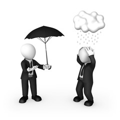 3d businessman in black suite with umbrella and rain. Insurance concept.
