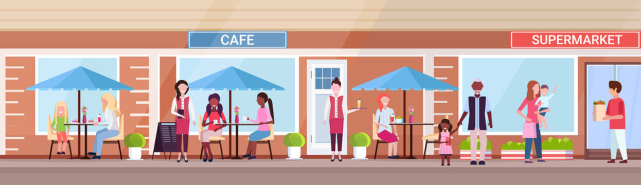mix race people visitors sitting summer cafe shop customers holding purchases in front of supermarket exterior urban street concept horizontal banner full length