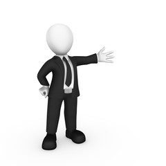 3d businessman in welcome pose advertising by hands.