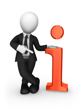 3d businessman pointing finget at big red info symbol