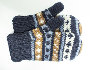 hand knit gloves with blue gold and white pattern