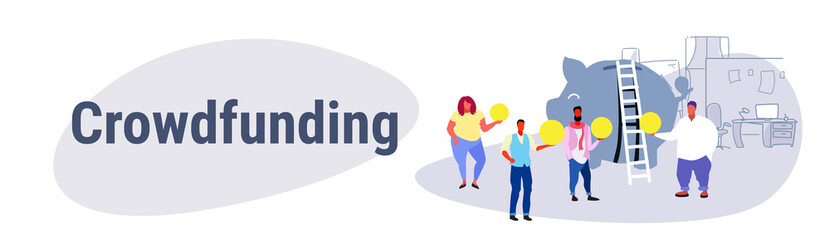 casual people group investment money investor crowdfunding concept businesspeople investing dollar coins piggy bank crowd funding dark background sketch horizontal banner