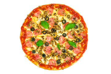 Tasty pizza with ham and mushrooms isolated on white background.