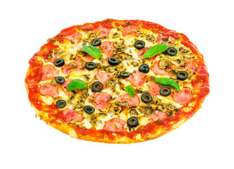 Tasty pizza with ham and mushrooms isolated on white background.
