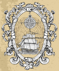 Baroque frame with old frigate and sea compass against grunge background. Vector nautical illustration, historical adventure concept, t-shirt graphic design element