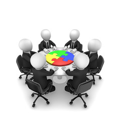 3d business people with jigsaw puzzle. Teamwork concept.