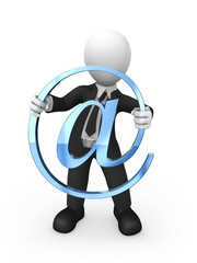 3d businessman with blue email symbol in hands
