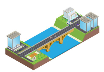 Isometric highway on the bridge over the river