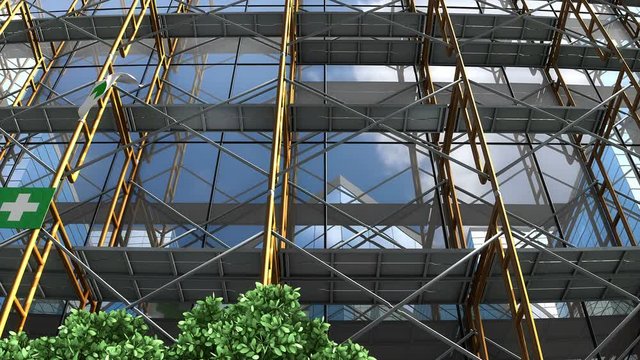 Building under construction, scaffolding and signboard.
