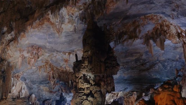 Ancient rock formations - stalactites and stalagmites in the cave in Central Vietnam.