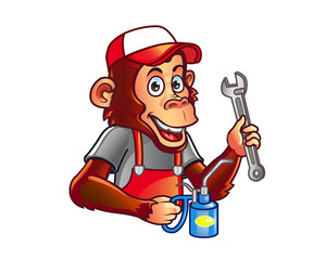 Chimp garage Technician Holding Can of Oil and Wrench