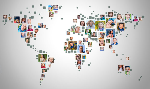 Collection of people portraits placed as world map shape. Global Business Concept