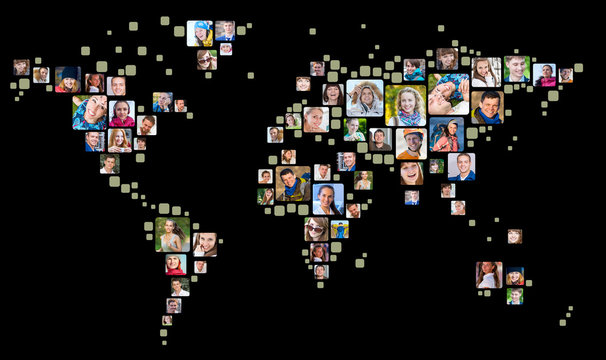 Collection of people portraits placed as world map shape. Global Business Concept