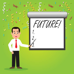 Conceptual hand writing showing Future. Concept meaning Period of time following the present moment Events that will happen Man in Necktie Holding Stick Pointing White Screen on Wall