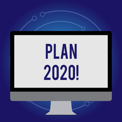 Conceptual hand writing showing Plan 2020. Concept meaning detailed proposal doing achieving something next year White Computer Monitor WideScreen on a Stand for Technology