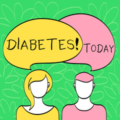 Conceptual hand writing showing Diabetes. Concept meaning Chronic disease associated to high levels of sugar glucose in blood Faces of Male and Female Colorful Speech Bubble Overlaying