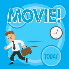 Word writing text Movie. Business photo showcasing Cinema or television film Motion picture Video displayed on screen Man in Tie Carrying Briefcase Walking in a Hurry Past the Analog Wall Clock