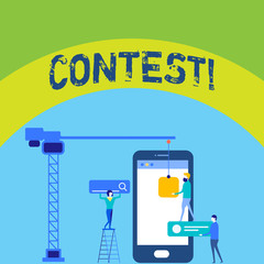 Writing note showing Contest. Business concept for Game Tournament Competition Event Trial Conquest Battle Struggle Staff Working Together for Common Target Goal with SEO Process Icons
