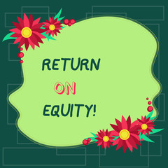 Text sign showing Return On Equity. Business photo showcasing profitability business in relation to value of shareholder Blank Uneven Color Shape with Flowers Border for Cards Invitation Ads