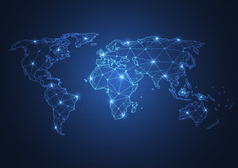 Fototapeta premium Globalne połączenie biznesowe w sieci. Koncepcja punktu i linii mapy świata globalnego biznesu. Ilustracji wektorowych