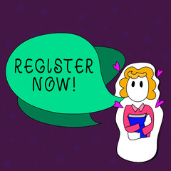 Text sign showing Register Now. Business photo text official list or record showing or things into web or forum Girl Holding Book with Small Hearts Around her and Two Color Speech Bubble