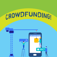 Writing note showing Crowdfunding. Business concept for Funding a project by raising money from large number of showing Staff Working Together for Common Target Goal with SEO Process Icons