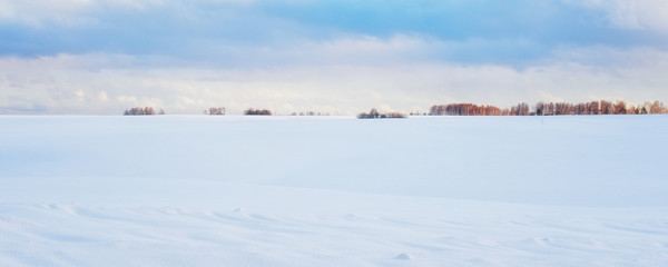 Panoramic View of Idyllic Winter Scenery: Frosty Landscape with Snowdrifts and Tranquil Sky - 255871070