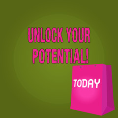 Handwriting text Unlock Your Potential. Conceptual photo release possibilities Education and training is key Color Gift Bag with Punched Hole but Without Handle on Twotone Blank Space