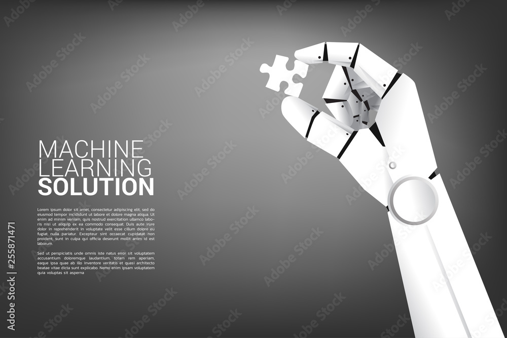 Poster robot hand hold jigsaw. business concept for machine learning and a.i artificial intelligence