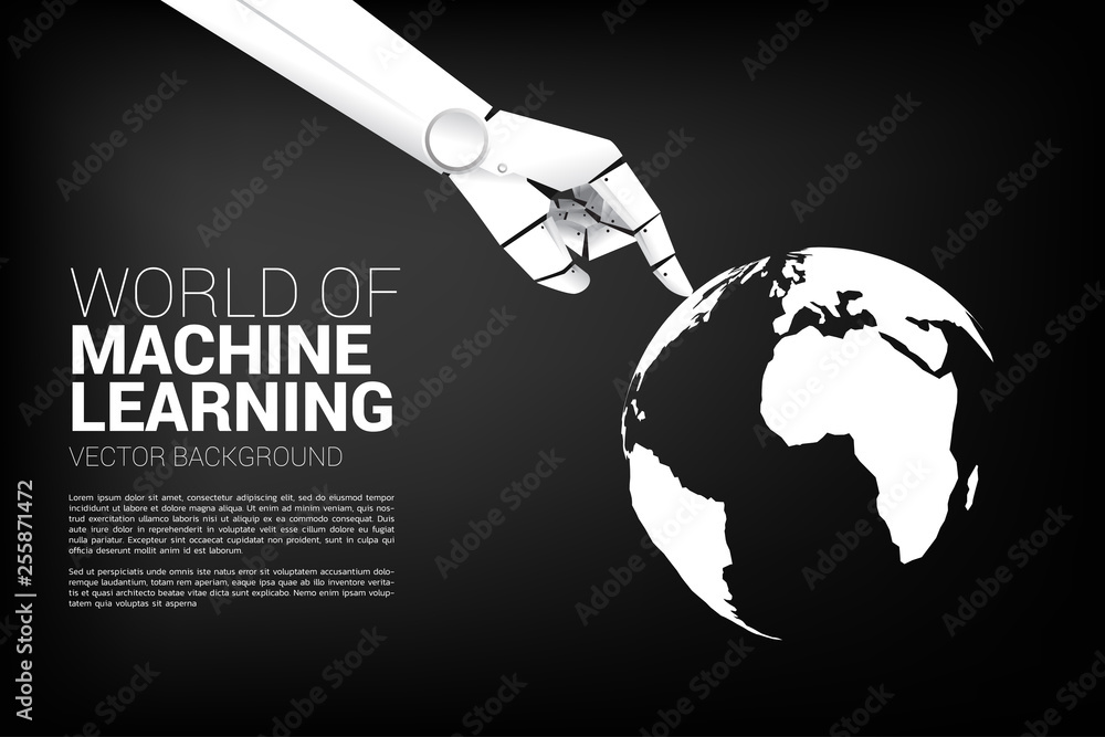 Poster Robot hand touch the finger with world globe. Business concept for machine learning and a.i artificial intelligence