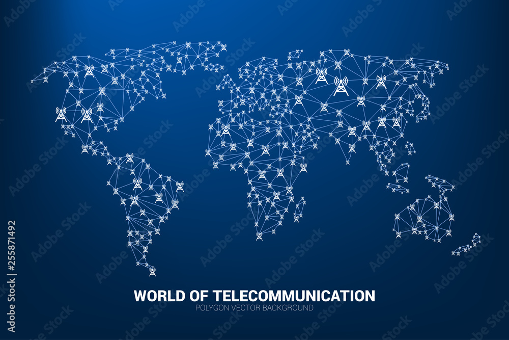 Poster Vector Polygon antenna tower icon connect line to world map shape. Concept for international telecom service and network.