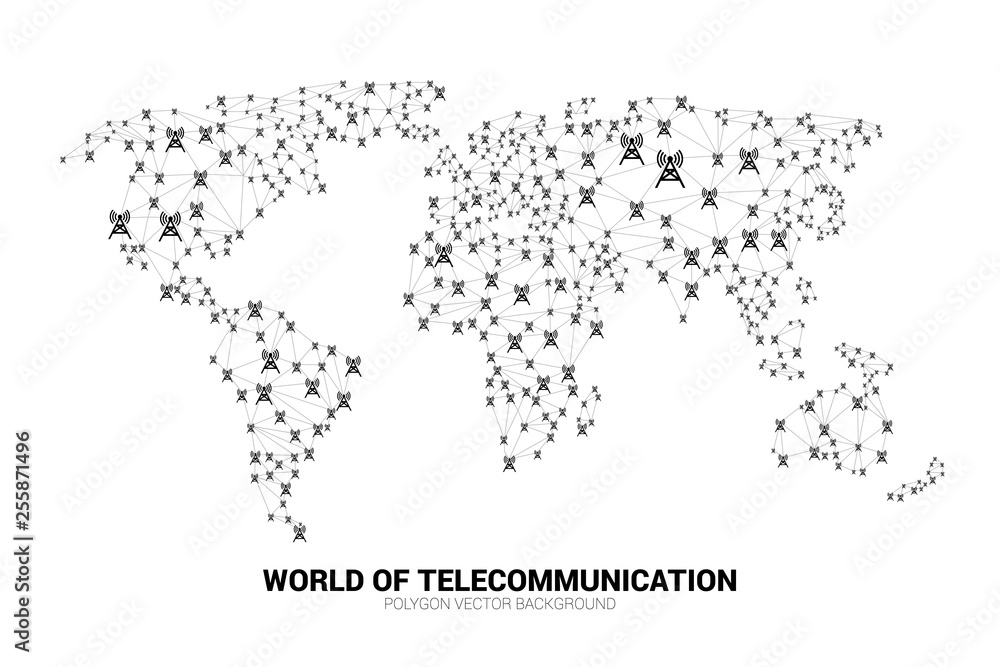 Poster Vector Polygon antenna tower icon connect line to world map shape. Concept for international telecom service and network.