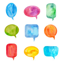 Set of Colorful Speech Bubbles or Conversation Clouds. Painted by Watercolor and Isolated on White Background - 255871424