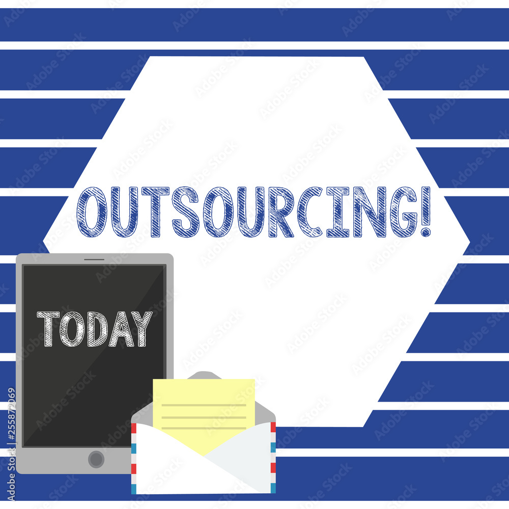 Poster text sign showing outsourcing. business photo showcasing obtain goods or service by contract from an