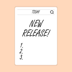 Handwriting text writing New Release. Conceptual photo announcing something newsworthy recent product Search Bar with Magnifying Glass Icon photo on Blank Vertical White Screen