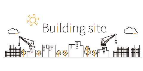 3色の線画の建築現場　黒基調