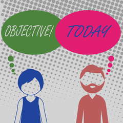 Handwriting text Objective. Conceptual photo Goal planned to be achieved Desired target Company mission Bearded Man and Woman Faceless Profile with Blank Colorful Thought Bubble