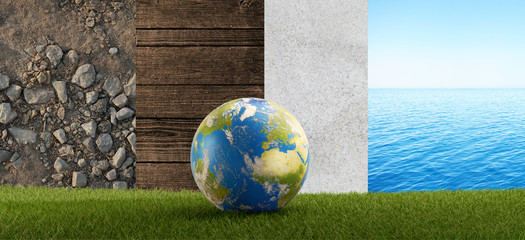 blue earth on green grass field 3d-illustration. elements of this image furnished by NASA