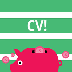 Handwriting text Cv. Conceptual photo Curriculum Vitae Resume Infographics Job Searching Employee Recruitment Colorful Piggy Money Bank and Coins with Dollar Currency Sign in the Slit