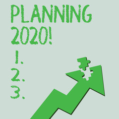 Text sign showing Planning 2020. Business photo text process of making plans for something next year Colorful Arrow Pointing Upward with Detached Part Like Jigsaw Puzzle Piece