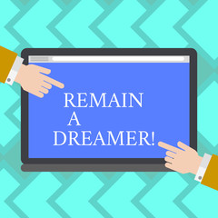 Text sign showing Remain A Dreamer. Business photo showcasing they spend lot of time thinking about and planning things Hu analysis Hands from Both Sides Pointing on a Blank Color Tablet Screen