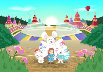 Easter, fairy tale story, fantasy, cartoon, celebration party seasonal holiday poster vector illustration