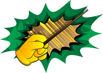 Vector cartoon hand with Magic Stick. Illustrated hand on comic book background.