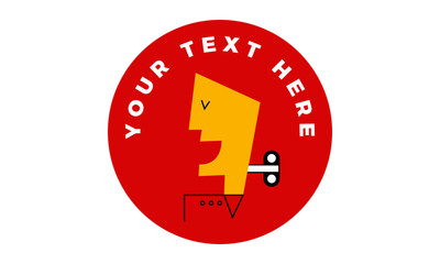 Business man with a wind-up key. Controlling people concept. Badge Design with text box.