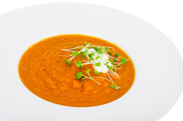 Vegetarian pumpkin soup puree with cress salad greens.