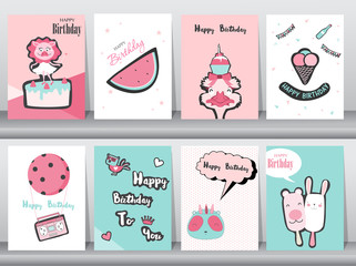 Set of birthday cards,poster,invitation cards,template,greeting cards,typography,old school,animals,cute,Vector illustrations
