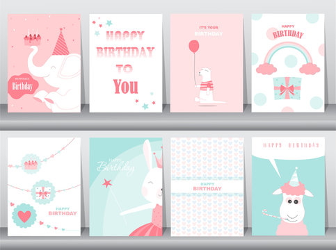 Set of birthday cards,poster,invitation cards,template,greeting cards,animals,cute,Vector illustrations