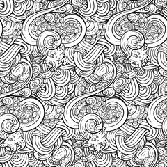 Black and white sea doodles vector seamless pattern