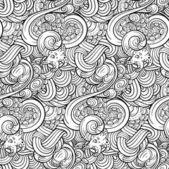 Black and white sea doodles vector seamless pattern